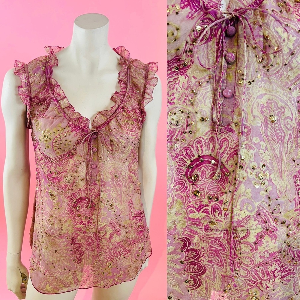 Diane Von Furstenberg Pink Silk Sheer Gold Sequin Tunic Size 10